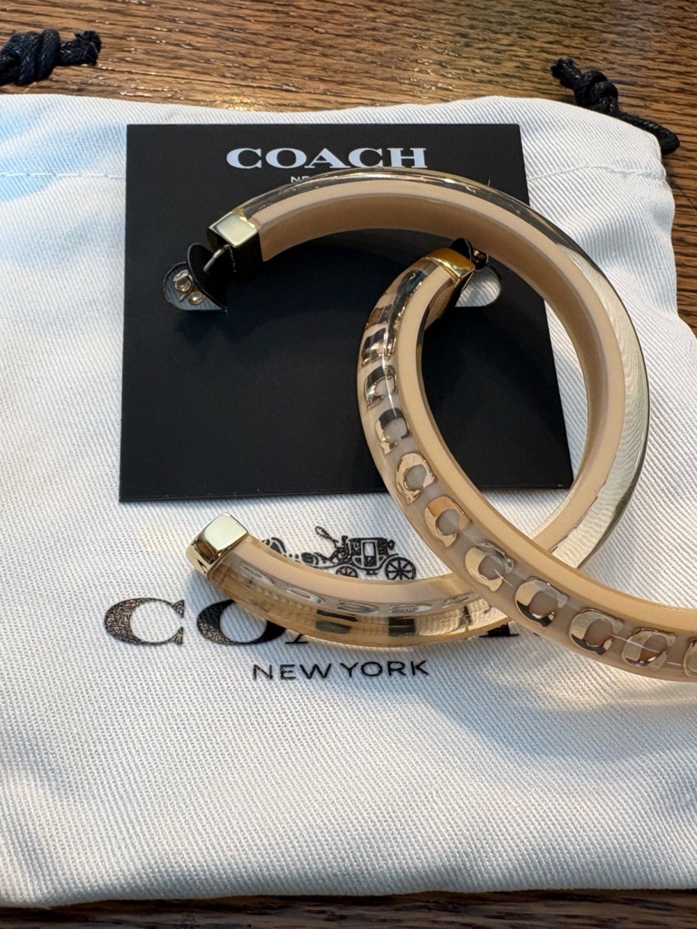 Coach Gold & Nude Hoop Earrings with Signature Cutouts